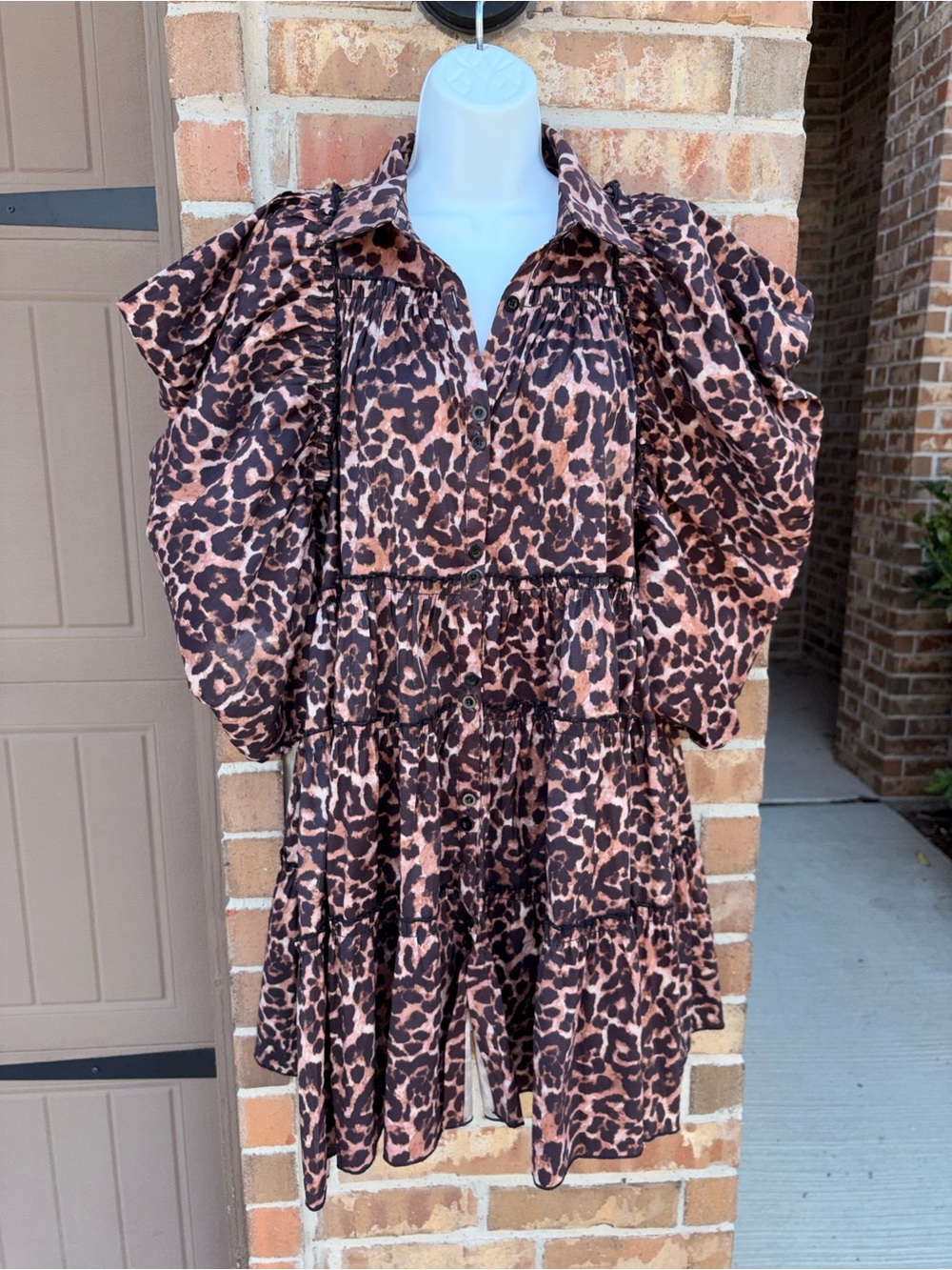 Leopard Print Tiered Mini Dress Puff Sleeve Button Front Babydoll Dress Large - Picture 2 of 8